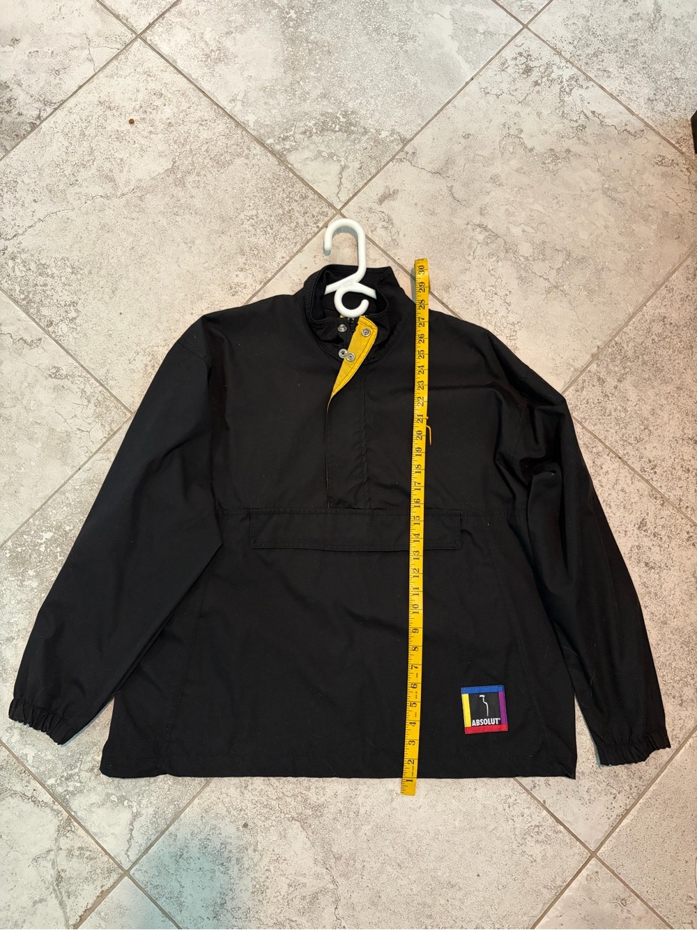 Black Pullover Raincoat with Yellow Placket and Logo Patch